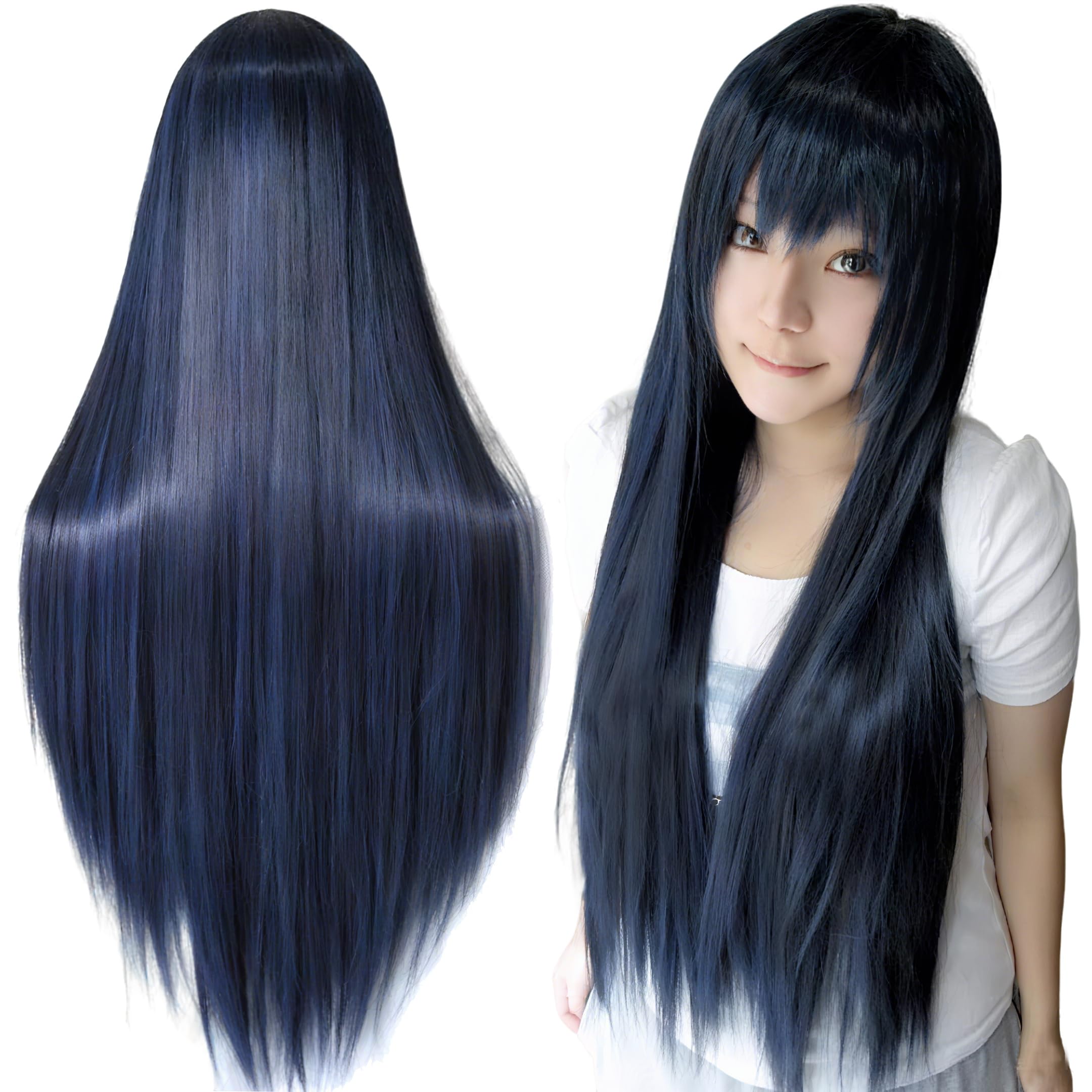 IMISSU 80cm Long Straight Natural Hair Cosplay Wigs with Bangs Colorful Halloween Costume Party Wig for Girl (Dark Blue)
