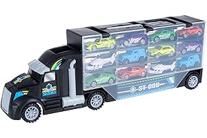 HEY! PLAY! Car Carrier Semi Truck Toy - 2-Sided Cargo Trailer Holds 24 Vehicles- Includes 10 Cars and 2 Helicopters –Storage Case with Carry Handle
