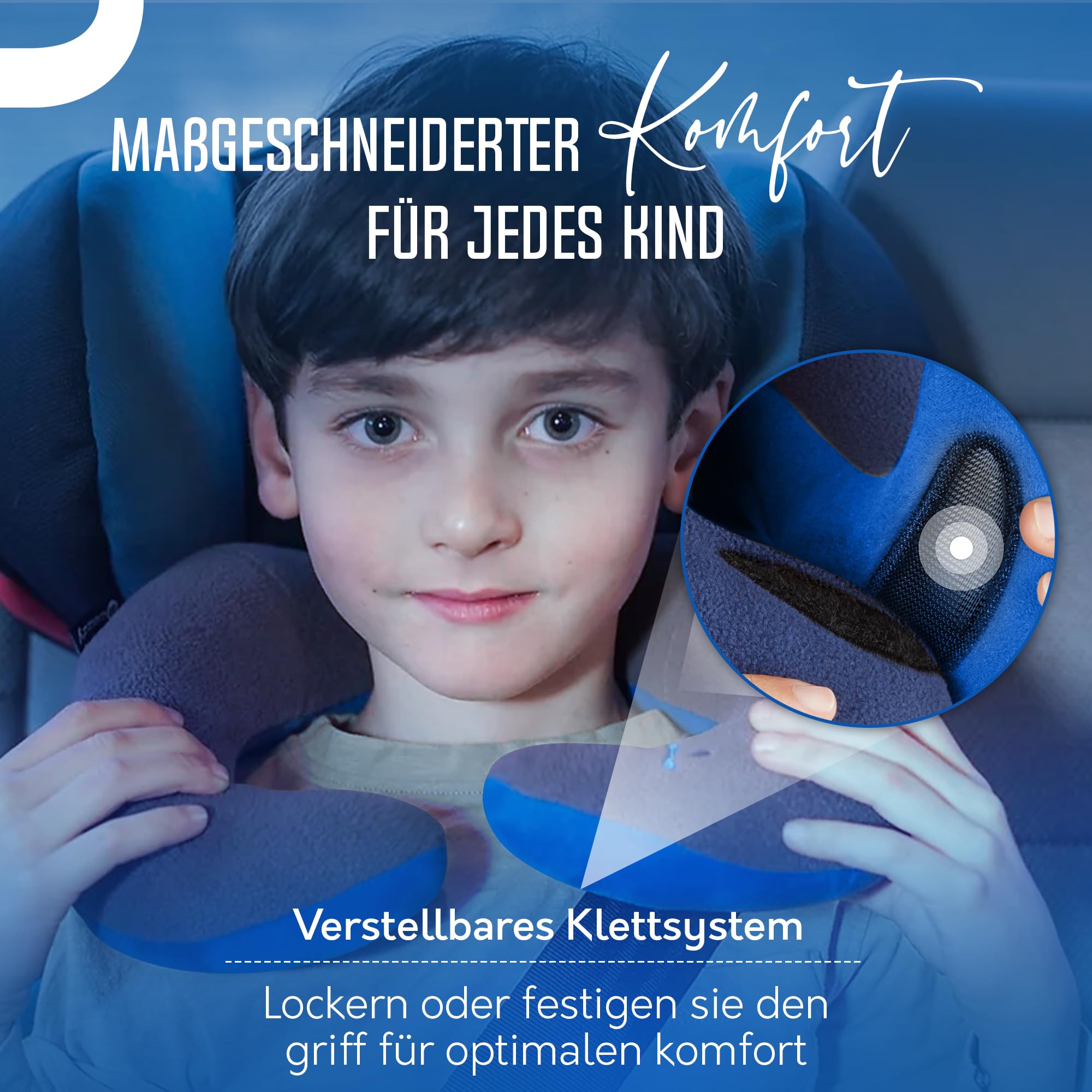 BCOZZY Kinder (3-7 J.) Auto Nackenkissen – Patentiertes Reisekissen für Kopfstütze im Kindersitz, Flugzeug und beim Schlafen auf Reisen. Weich. Verstellbar. Waschbar. Mit Tragetasche. Klein, Blau 7