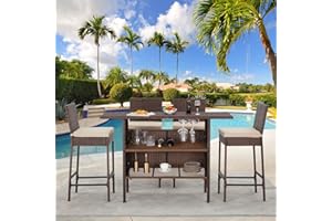ECOTOUGE 5PCS Patio Bar Set with Wicker Bar Chairs & Outdoor Bar Table(2 Steel Shelves & Wine Rack), Rattan Bar Height Patio Set with Removable Cushion for Lawn, Porches,Balcony (Brown)