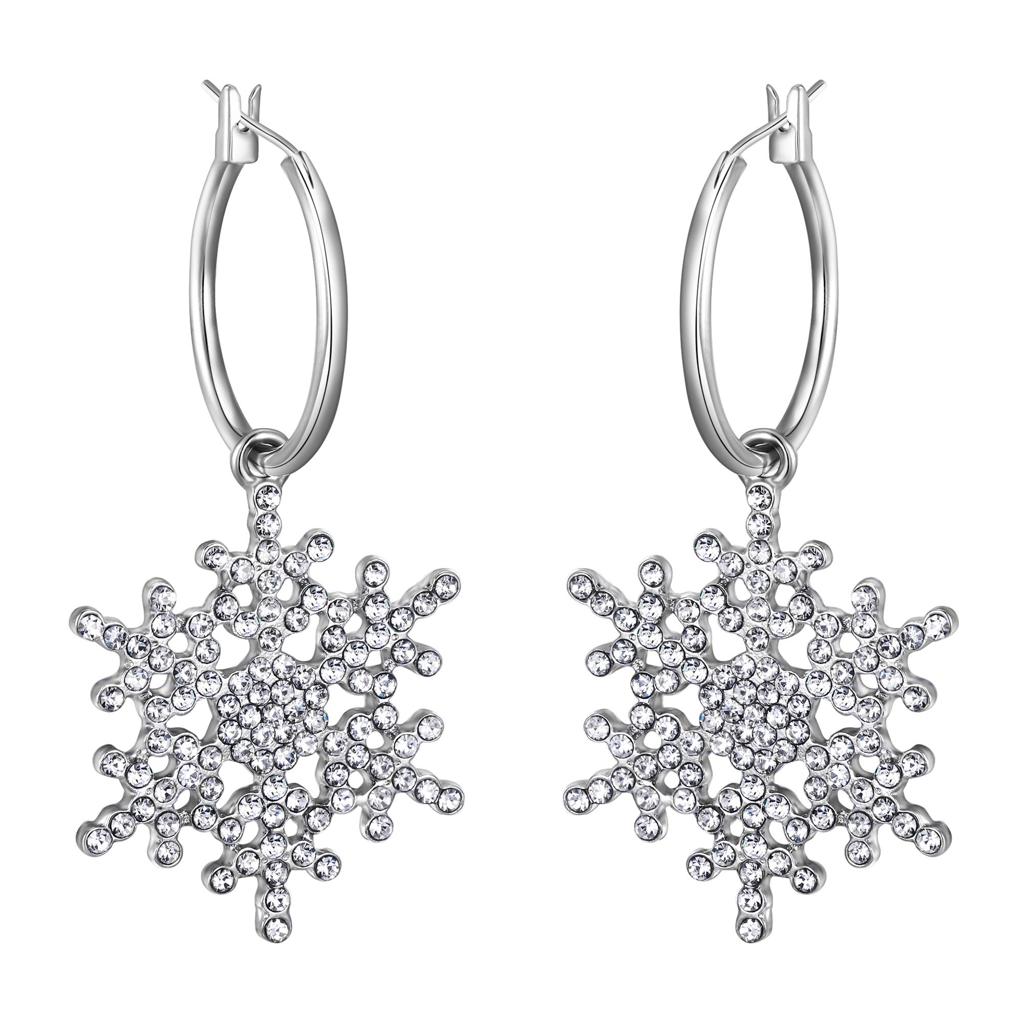 EVER FAITH Snowflake Earrings Austrian Crystal Winter Snowflake Hoop Pierced Dangle Earrings Clear Silver-Tone