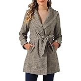 Allegra K Women's Plaid Belted Shawl Collar Tie Waist Wrap Overcoat Fall Winter Coat