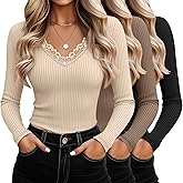 Oakgarden 3 Pack Women's Cotton Long Sleeve Tops V Neck Ribbed Knit Lace Sexy Shirts Slim Fit Dressy Casual Tight Basic Tees