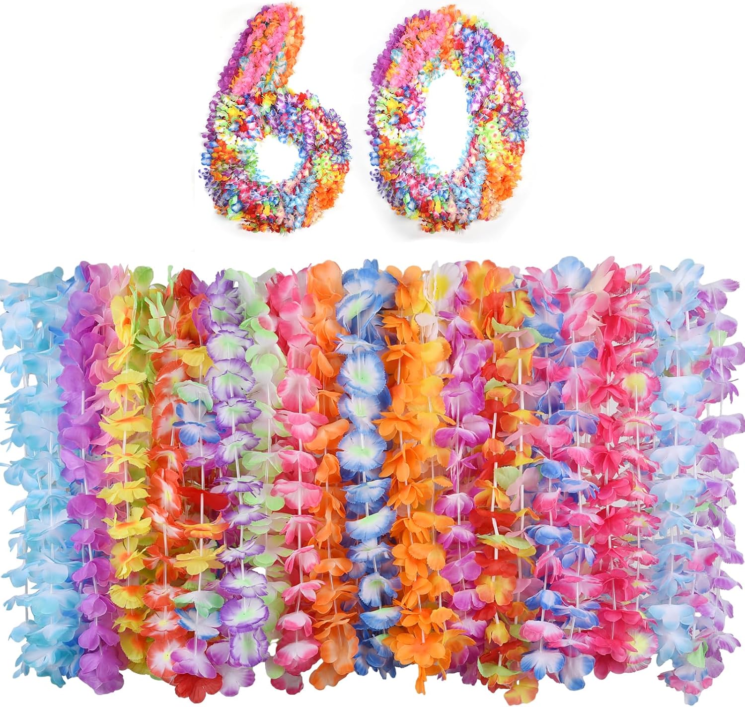 Wreaths, Garlands & Swags - Heardind 60 PCS Hawaiian Leis Colorful Tropical Leis Assortment for Leis Luau Party Favors Beach or Ornaments for Any Occasion Decorations (5 Dozen)