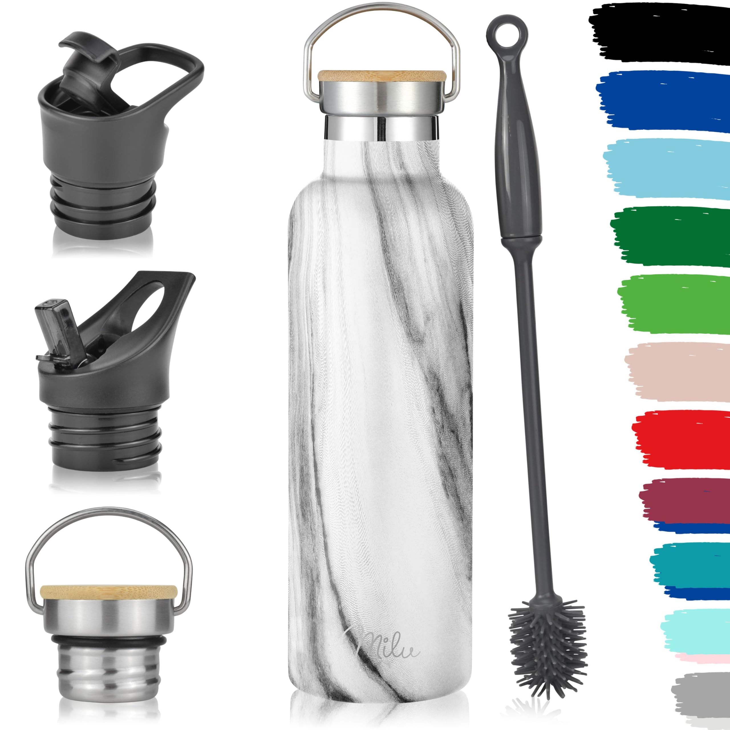 Milu Stainless Steel Drinking Bottle 350ml, 500ml, 750ml, 1l (+3 Lids) - Thermo Bottle with Straw, Water Bottle, for Hot, Cold & Carbonated Drinks (Marble, 750ml)