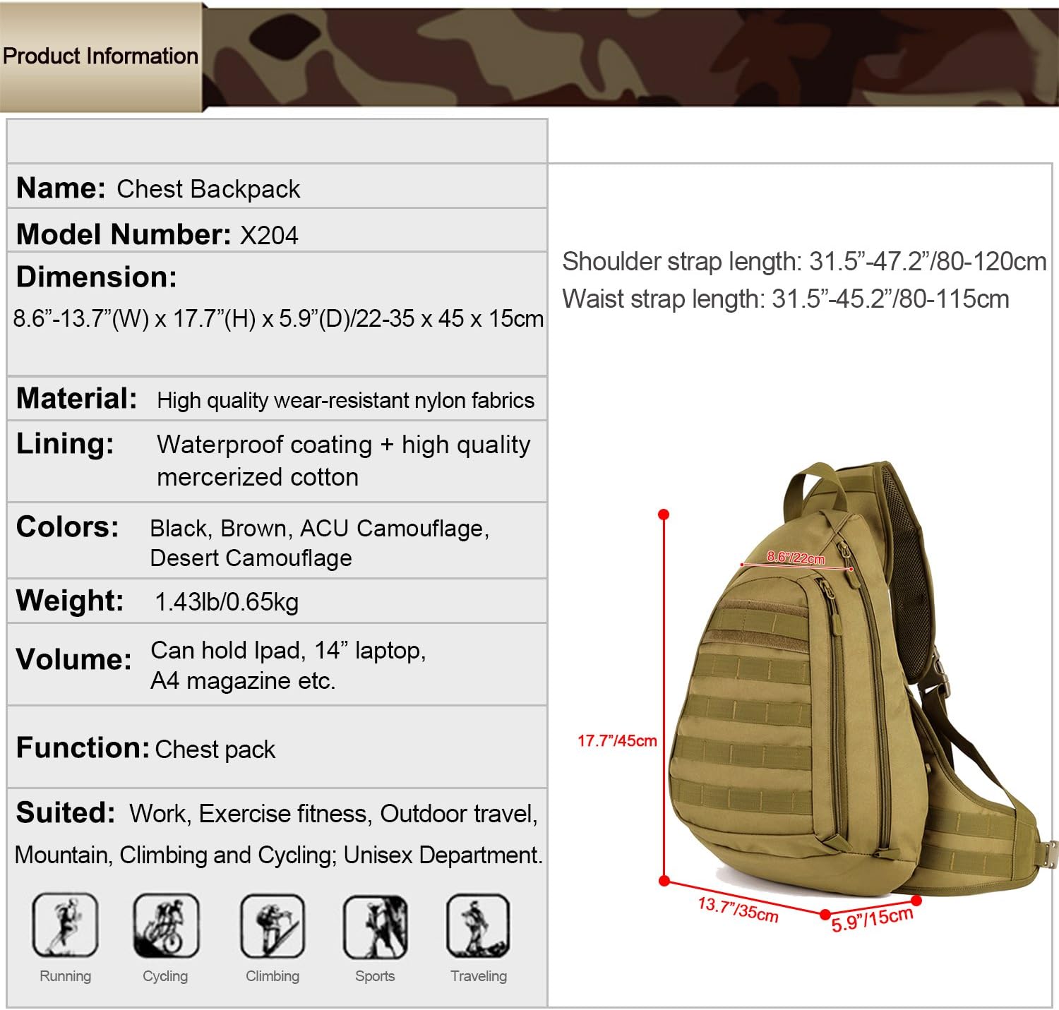 HUNTVP Tactical Military Chest Backpack Crossbody Sling Pack Molle Rucksack Large Laptop Daysack for Camping Cycling Riding Hunting Black - Image 4