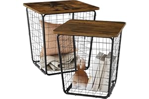 Gewudraw Nesting Coffee Table with Storage - Set of 2 Side with Wire Basket Industrial Farmhouse Style End Tables for Living Room Bedroom Balcony Office Nightstand Home Furniture