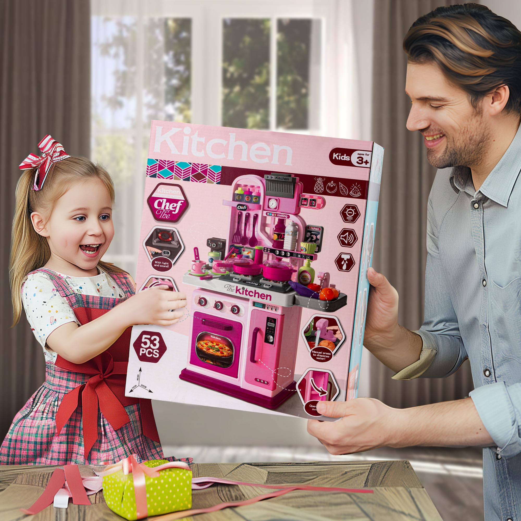 Kids Kitchen Playset-53pcs Cooking Stove,Paly Sink,Oven,Kitchen Toys with Realistic Lights&Sounds，Pretend Play Toys,Kitchen Toys for Toddlers 1 2 3 (Pink)