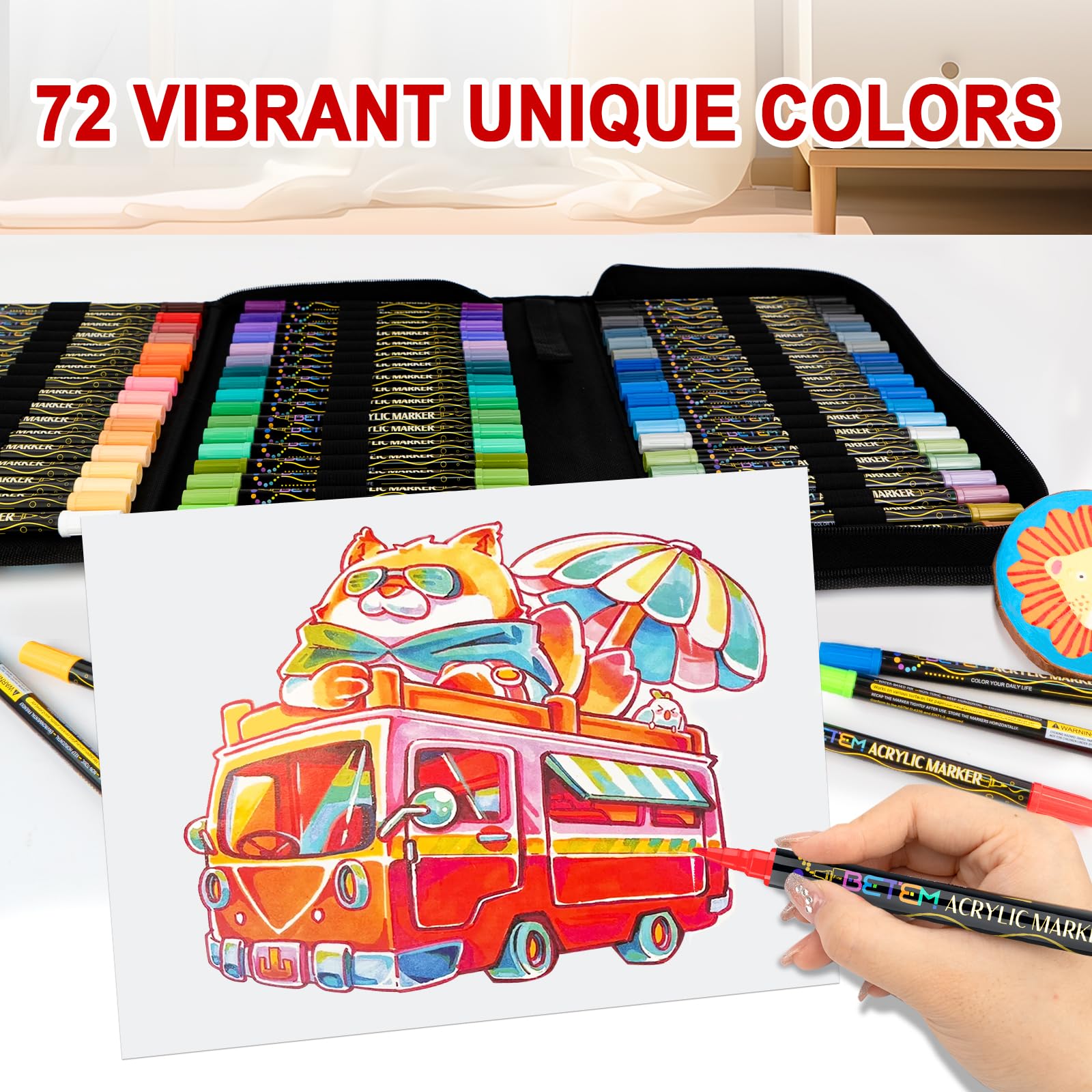Betem Paint Markers Acrylic Paint Pens, Dual Tip 72 Colors Acrylic Markers with Brush Tip and Fine Point, Art Supplies for Wood, Canvas, Stone, Glass, Rock Painting Kit DIY Crafts Drawing Kit with Bag