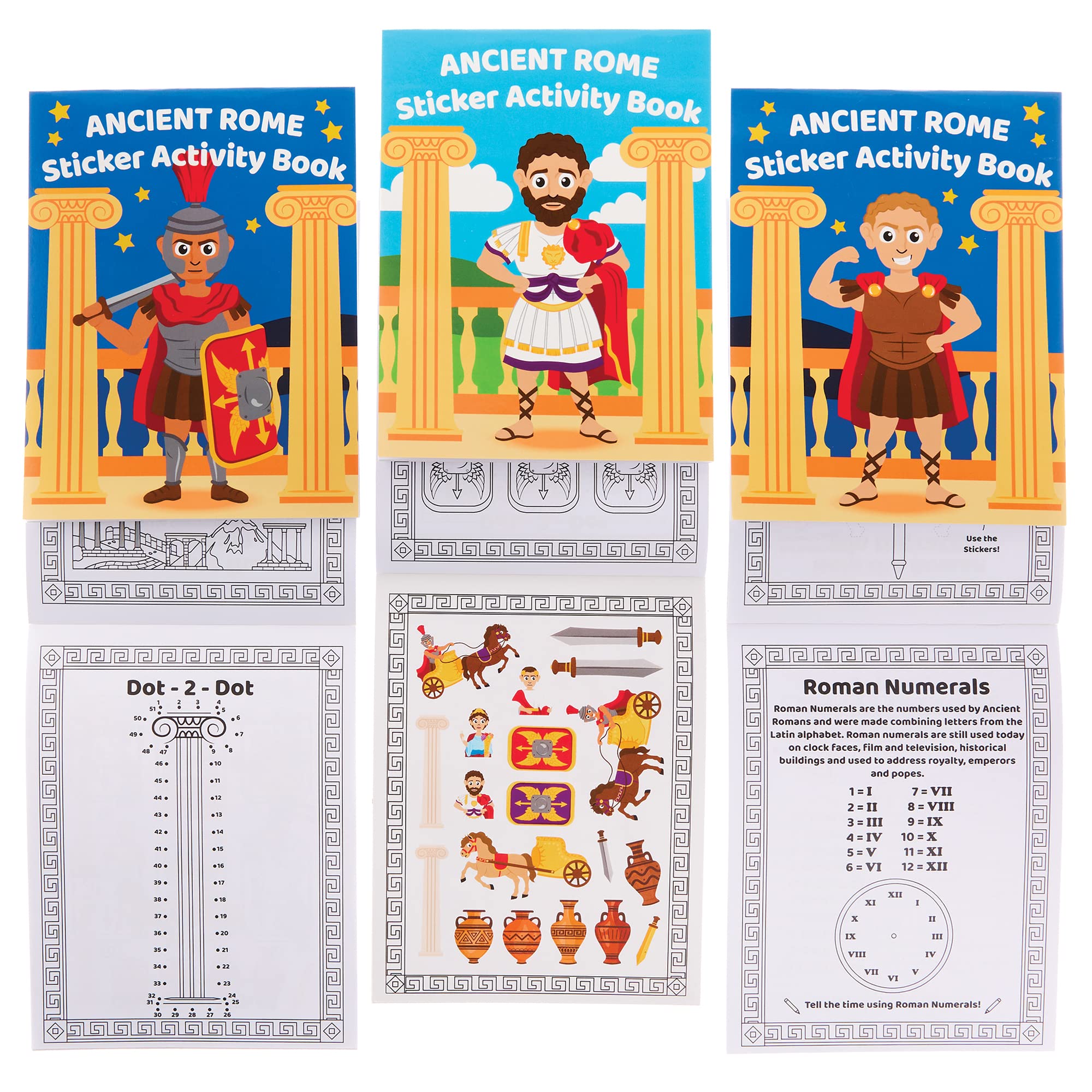 Baker Ross FX614 Ancient Rome Sticker Activity Books - Pack of 8, Sticker Book Party Bag Fillers for Kids
