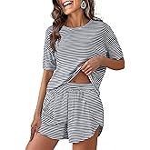 ANRABESS Womens Striped Pajamas Sets 2026 Summer 2 Piece Lounge Matching Short PJ Set Side Split Spring Sleepwear Outfits