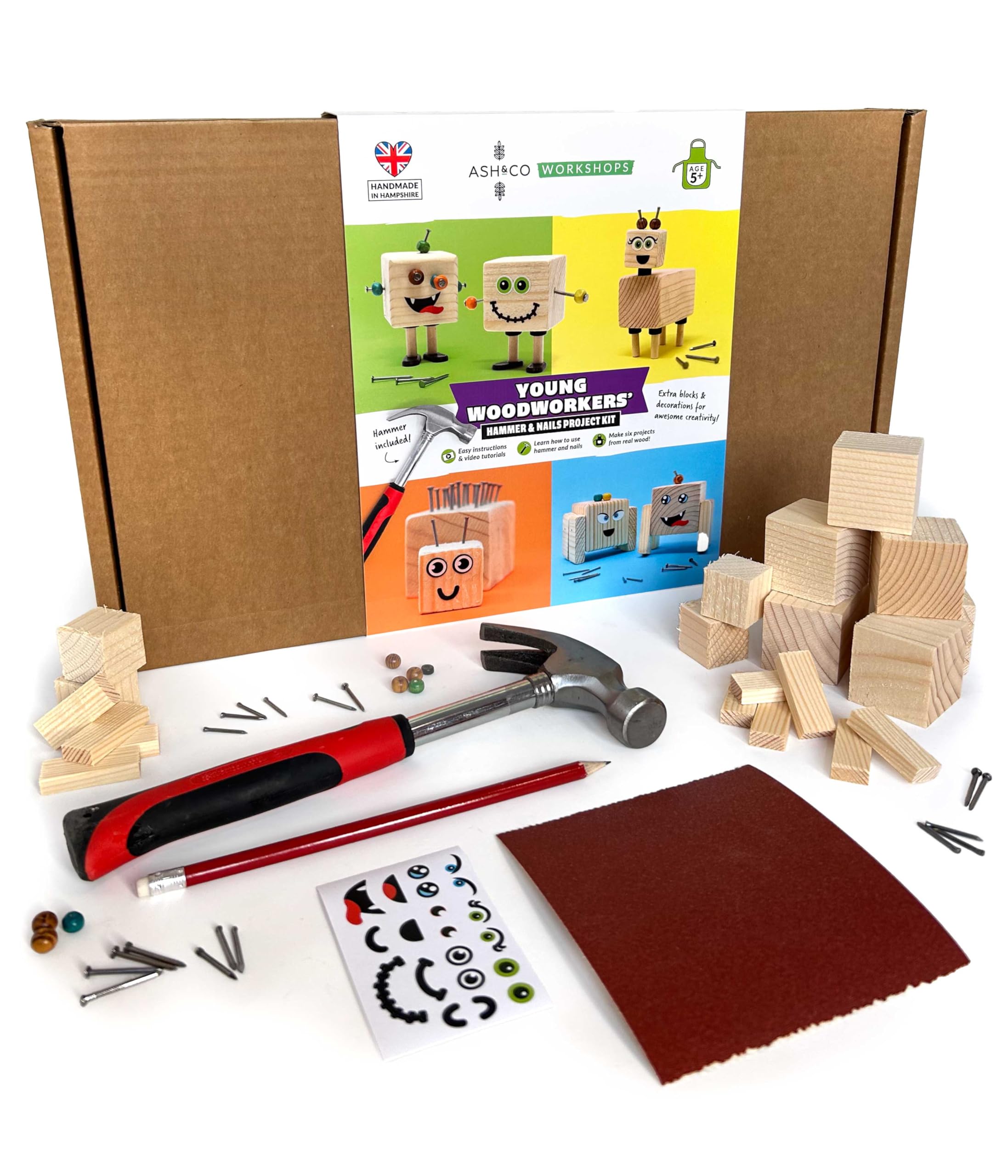 Ash & Co Woodworking Kit for Kids | Carpentry Set for Children | Learn How to use Hammer and Nails | Woodwork Project Kits with Video tutorials | Tools Included