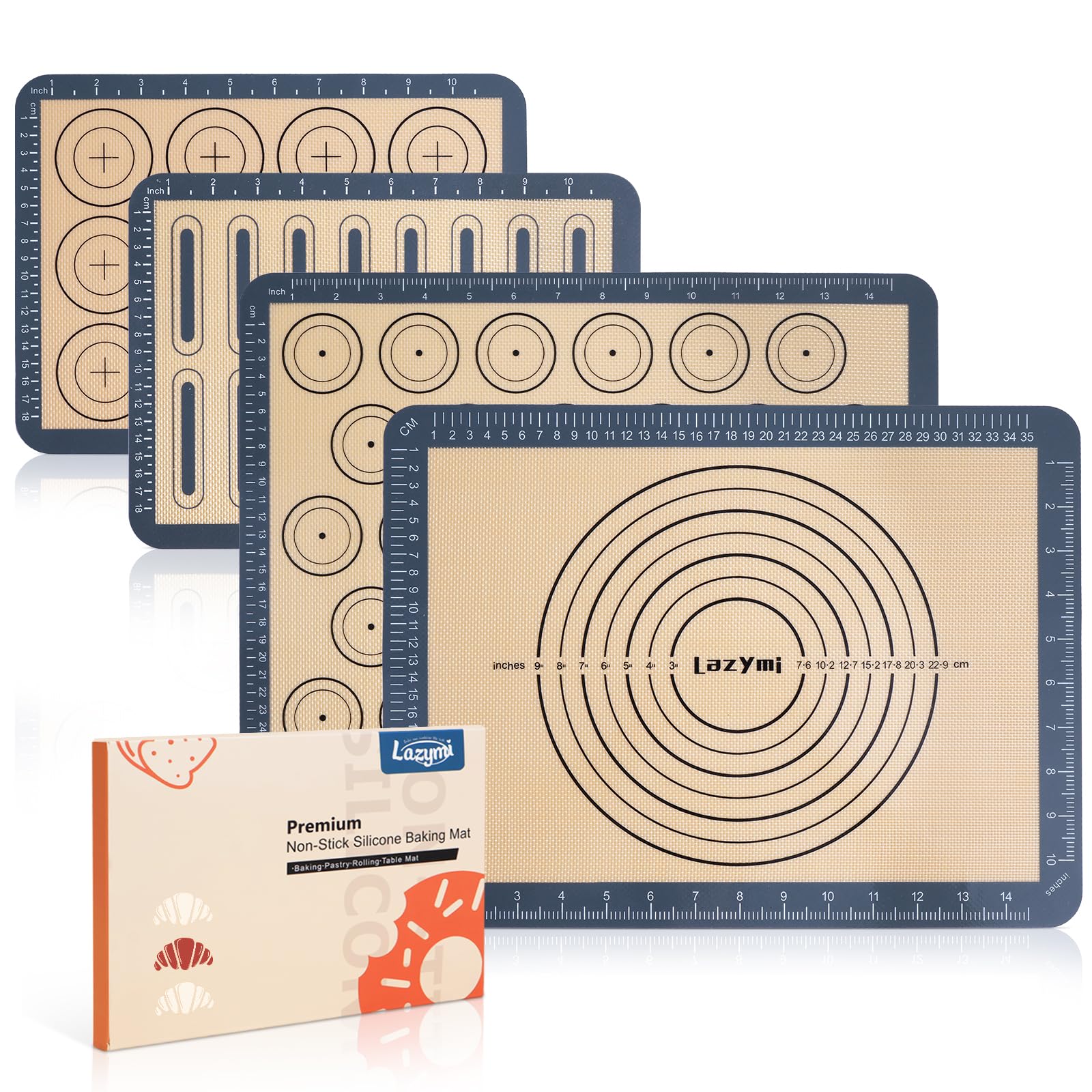 4 Piece Set Silicone NonStick Baking Mats Sheet with Measurement-Resuable Non-Slip Tray Liners, Pastry/Macaron/Cake/Cookie/Bread Making, Fit for Table Mat Counter Mat (Grey)