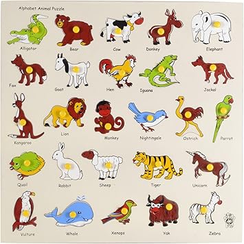 Skillofun Wooden Animal Alphabet Tray with Knobs, Multi Color