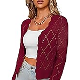 CARDYDONY Women's Long Sleeve Cropped Cardigan Sweaters Open Front Hollow Out Shrugs S-XL