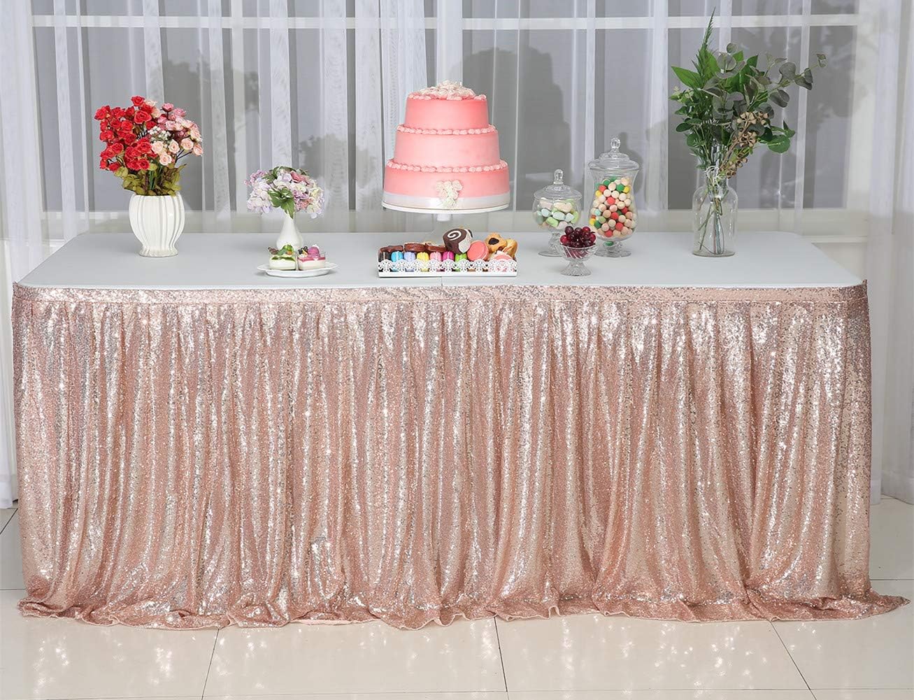 SquarePie Sequin Table Skirt for Rectangle Square Round Table Party(Size: L 9ft,H 30in; Color: Rose Gold)