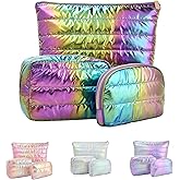 Hiroyuki Iridescent Quilted Makeup Bag, 3pcs Cute Makeup Bag Set, Large Capacity Cosmetic Organizer Travel Toiletry Pouch (plain, rainbow)