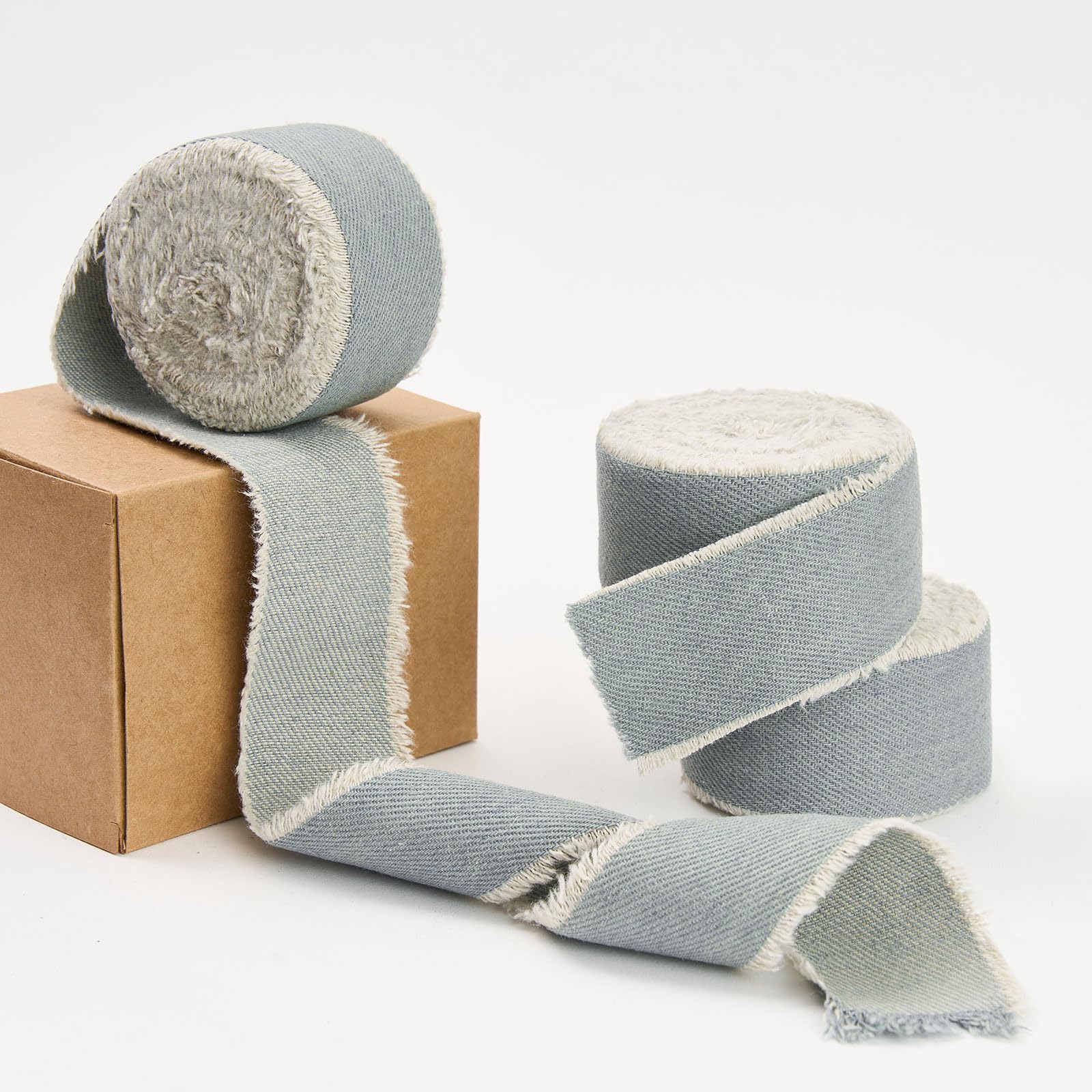 Pretty Jolly Grey Denim Ribbon for Gift Wrapping Handmade Rustic Frayed Cotton Fabric Ribbon for Flower Bouquet Total 15 Yards 1 1/2 Inch Ribbons for Crafts Hair Wedding Invitation Holiday Decor