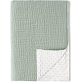 Konssy Baby Blankets for Unisex Boys Girls, Super Soft Nursery Minky Blankets with Muslin Cotton Front and Dotted Fleece Backing, Printed Bed Throws Newborn