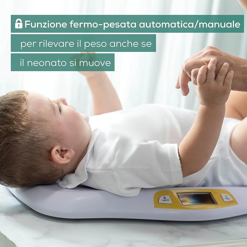 BY 80 Bilancia Pesaneonati, Funzione Fermo-Pesata Automatica o Manuale per Maggiore Precisione, Display grande, Superficie di Appoggio Curva, Piedini antiscivolo, colore Bianco