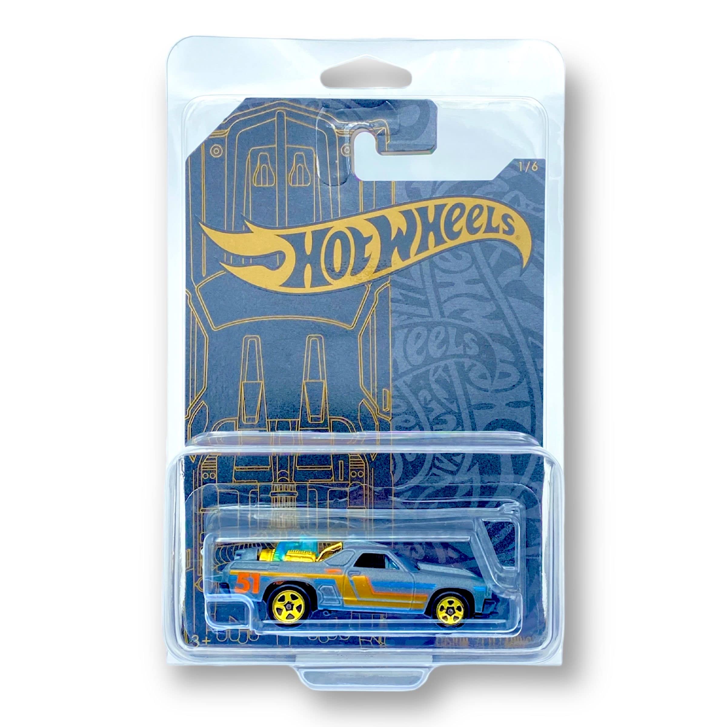 Hot Wheels Custom '71 El Camino (Satin Grey & Gold Chrome - 51st Anniversary - Satin & Chrome) 1/6 51st Anniversary - (Long Card) - COMES IN A KLAS CAR KEEPER PROTECTIVE COLLECTORS CASE - GHN94