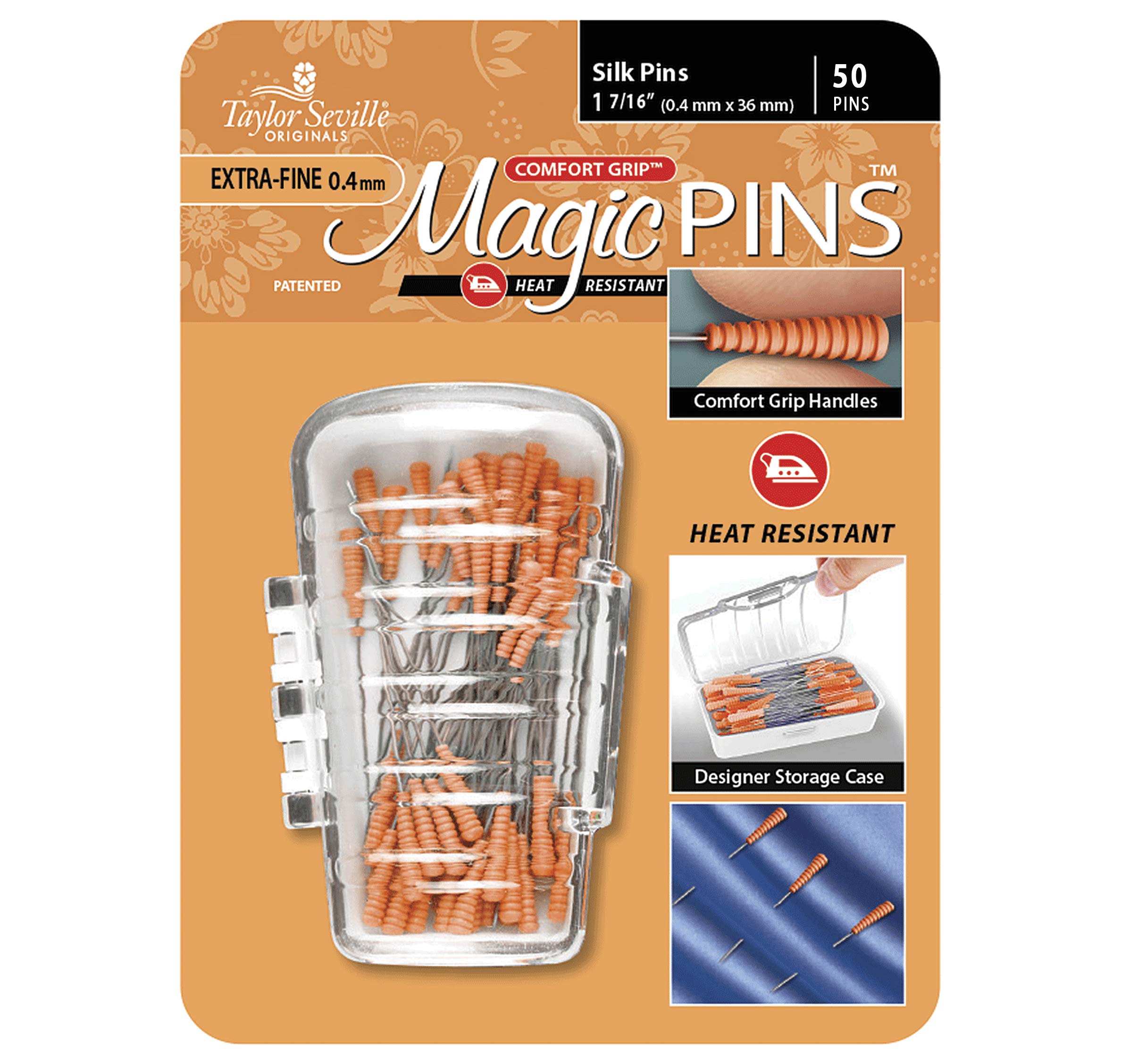 Taylor Seville Originals - Taylor Seville Originals Comfort Grip Heat Resistant Extra Fine (0.4 x 36mm) Silk Magic Pins - 50 Pieces, Orange