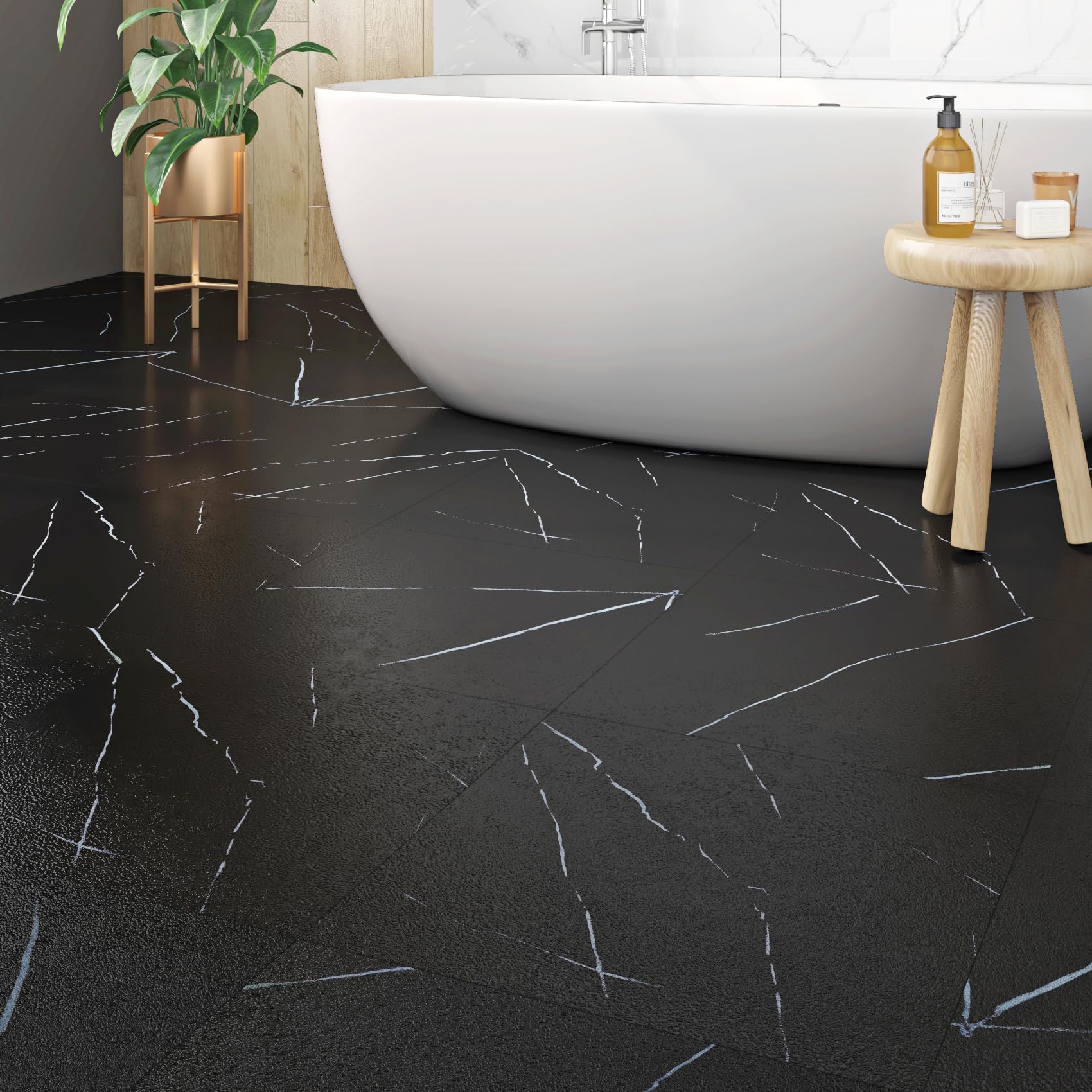 Condition photo showing New/Like New for self adhesive floor tiles 12x12 in matte black marble peel and stick tile waterproof vinyl flooring 