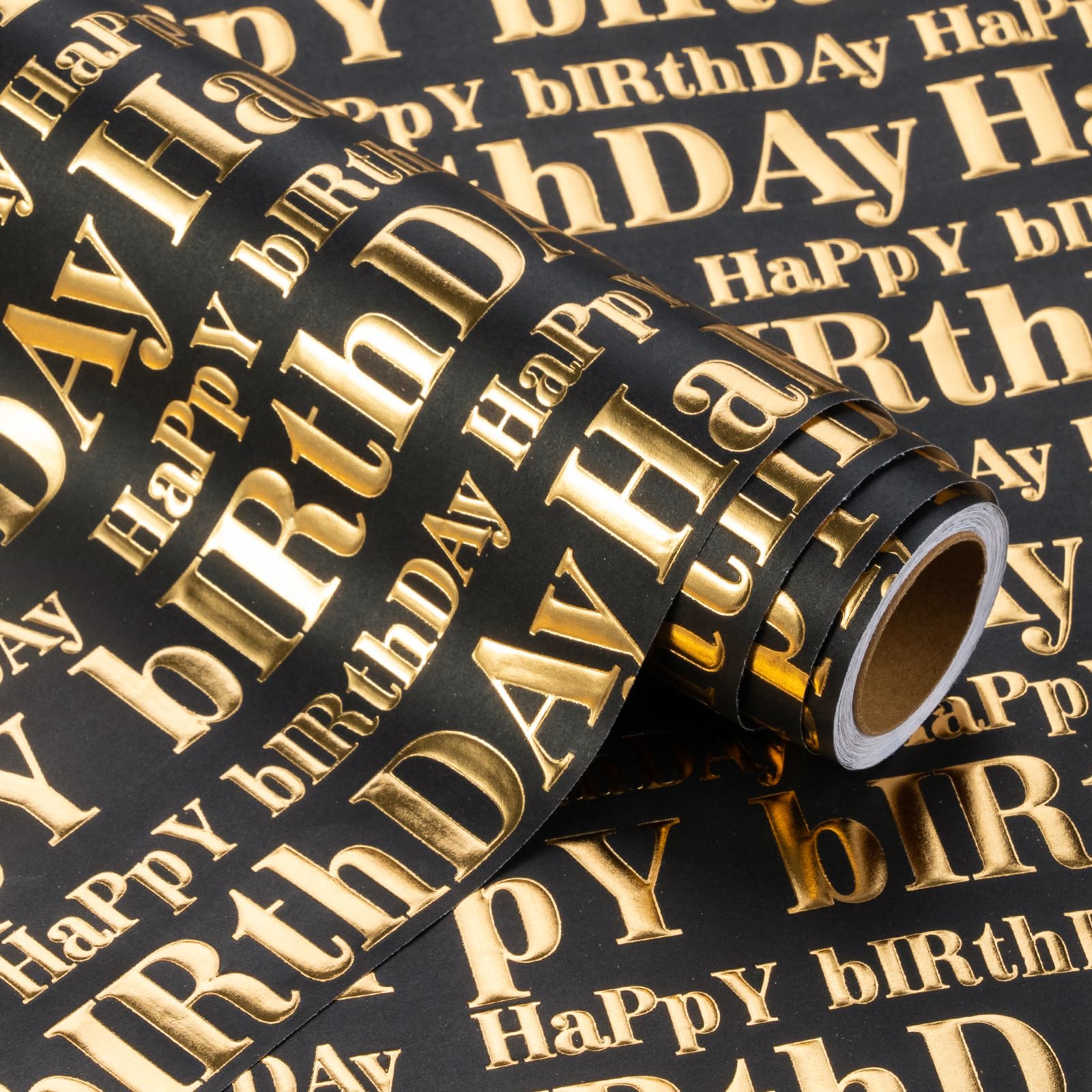 Photo 1 of WRAPAHOLIC 3D Kraft Birthday Wrapping Paper Roll - Mini Roll - 17 Inch x 16.5 Feet - Gold and Black Happy Birthday Lettering Design with Embossed Perfect for Holiday, Party Celebration