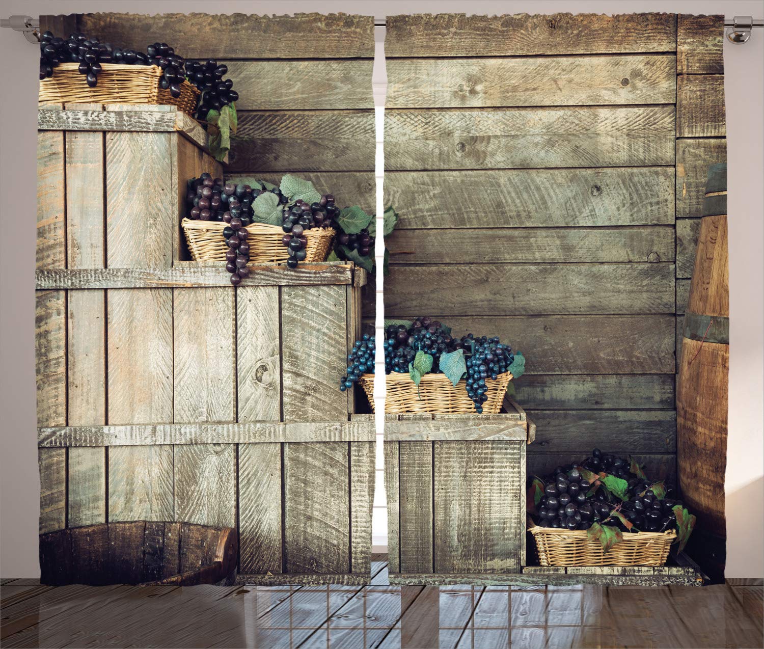 ABAKUHAUS Vineyard Curtains, Various Grapes in Wooden Wicker Basket Ivy Viniculture Gourmet Organic Photo, Living Room Bedroom Window Drapes 2 Panel Set, 69 W X 110 L, Brown Purple