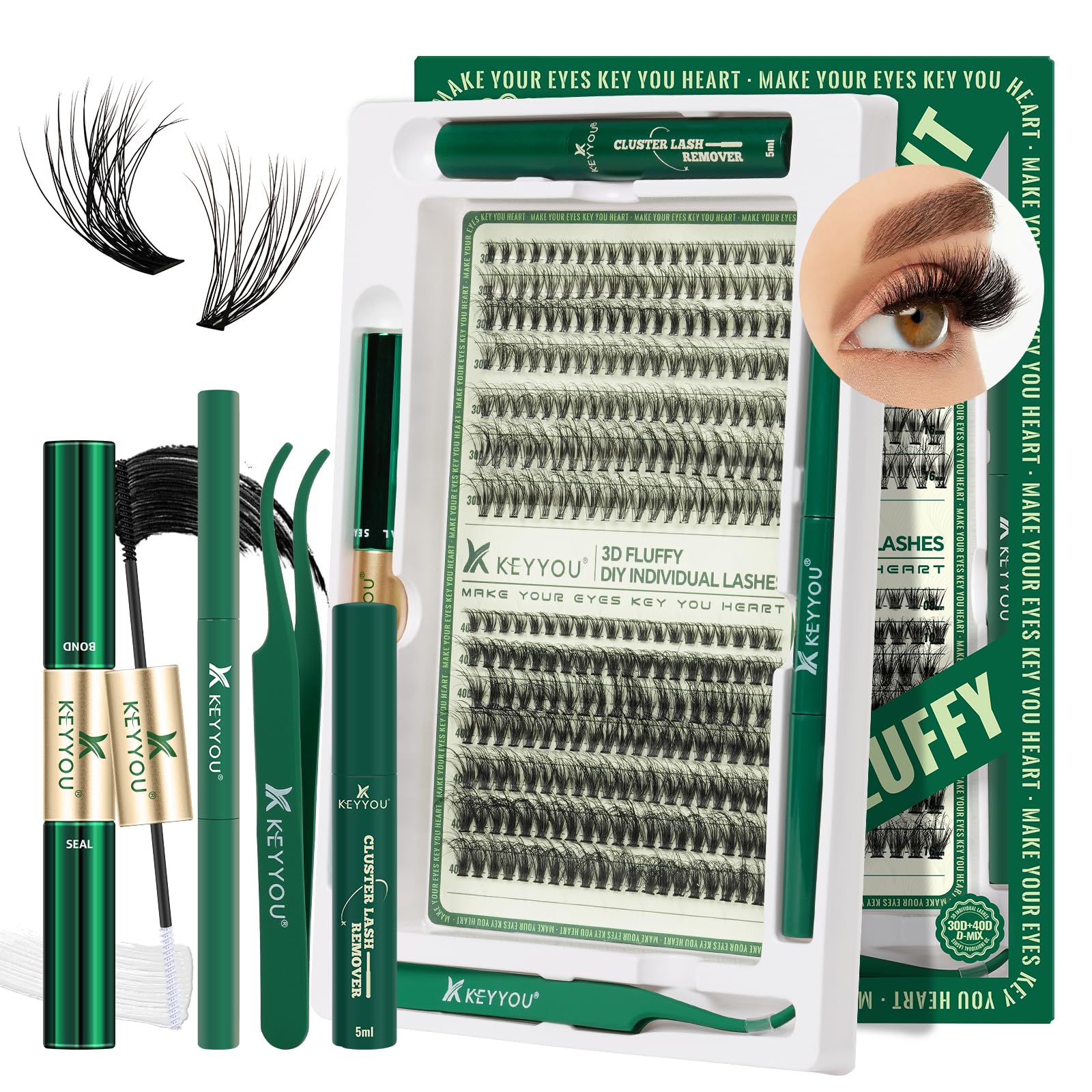 Photo 1 of KEYYOU 3D Effect Lash Extension Kit - 280pcs D Curl 8-16MIX Eyelash Clusters with Lash Bond, Seal, Tweezers, Remover & Brush for Volume (Brown, Faux Mink, Adhesive Mount)