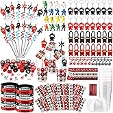 Gemscream 161 Pcs Ninja Party Favors Include Cups with Lids Straws Ninja Figurines Stretchy Flying Stars Slingshots Keychains Silicone Wristbands Stickers Stamp Thank You Tag for Birthday Party