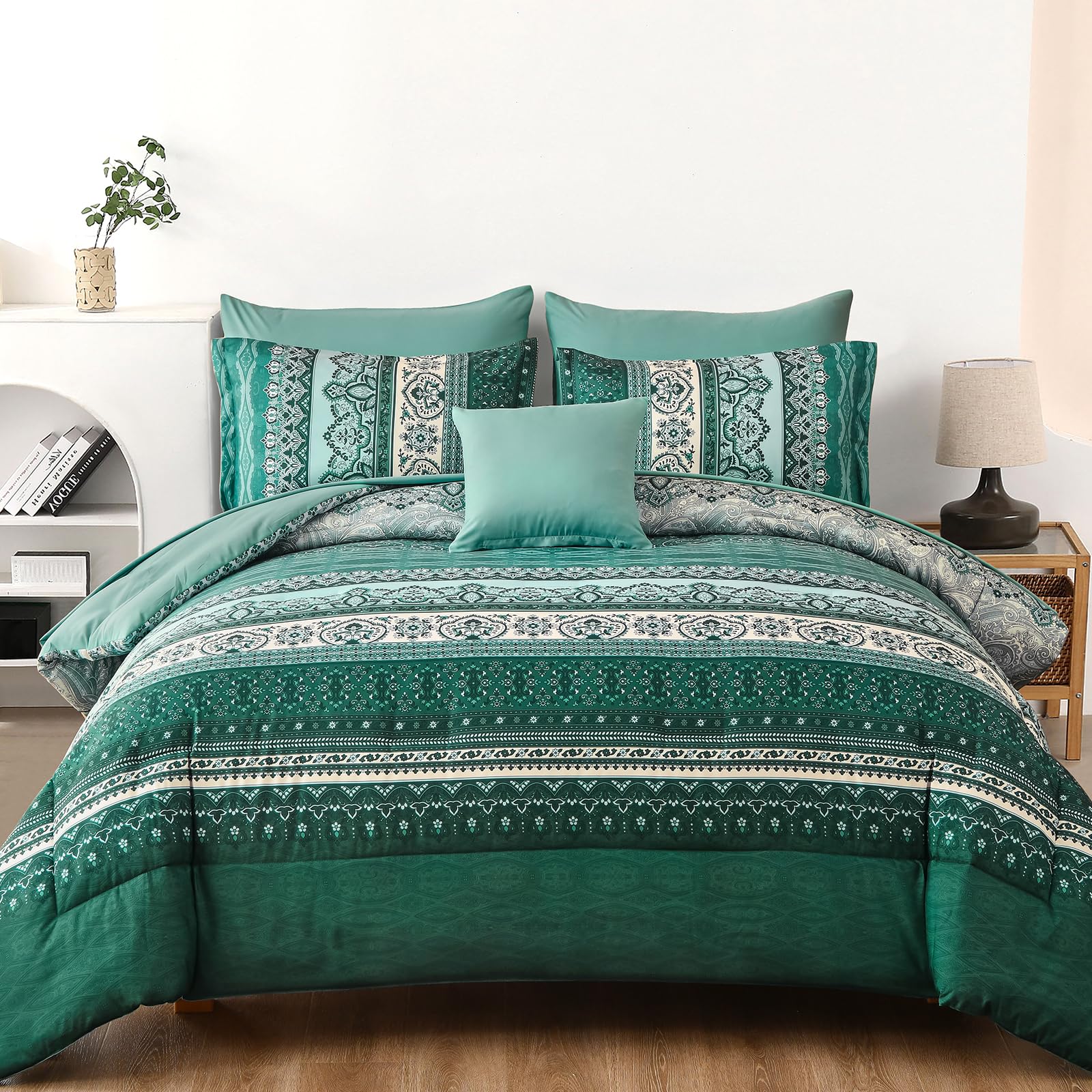 Cottolester Boho Comforter Set King Size,8 Pieces Teal Green Bohemian Striped Bed in a Bag,Paisley Soft Microfiber Bedding Comforter Set Image