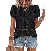 OFEEFAN Blouses for Women Dressy Casual Petal Short Sleeve Shirts Crochet Lace Boho Tops Spring Fashion Summer Outfits