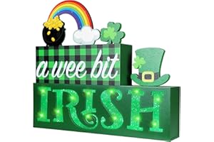 SAKAYO St Patrick's Day Wooden Block Sign with Led Lights- A Wee Bit Irish Shamrock Light up Wood Sign for Table Mantle- Irish Festive Farmhouse Home Battery Operated Wooden Sign Tabletop Tiered Tray Decor
