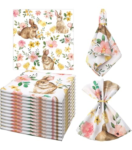 Arquiel Easter Bunny Napkins, 18u00d718 Inch Blue Floral Egg Dinner Cloth Napkins Set Of 4, Washable Cotton Soft Absorbent Square Napkins For Dining