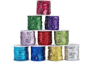PH PandaHall 50 Yards Spangle Flat Sequins 10 Color 6mm Flat Sequin Strip Trim Paillette Spool String Shiny Trim Sewing Paillette String for Mermaid Dress Embellish Headband Halloween Costume