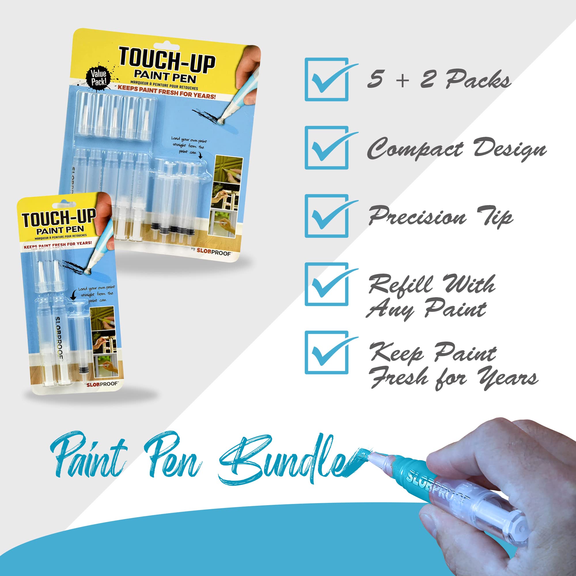 Slobproof Refillable Paint Brush Pens Bundle Pack of 5 & Pack of 2. Convenient TouchUp