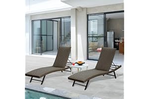 domi outdoor living Outdoor PE Rattan Chaise Lounge - Set of 2 Patio Reclining Chair Furniture Set Beach Pool Adjustable Backrest Recliners Padded with Quick Dry Foam