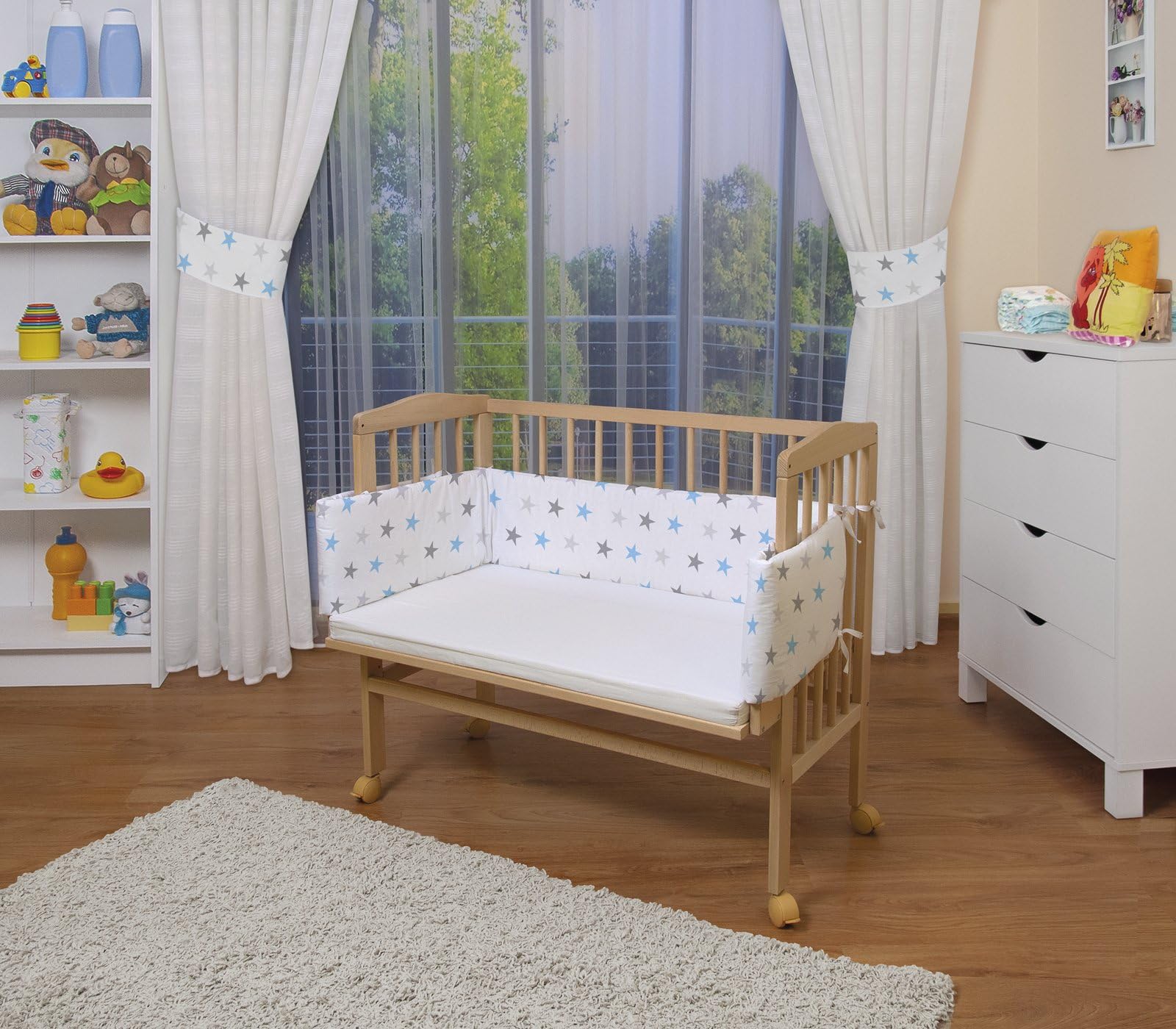 WALDIN Baby Bedside Cot Co-Sleeping Height Adjustable with Bumper,16 Models Available, untreated,Textile Colour White/Stars Grey-Blue
