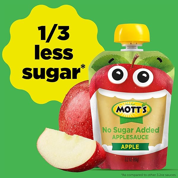 MOTT’S NO SUGAR ADDED APPLESAUCE, MADE FROM REAL FRUIT, NO ARTIFICIAL FLAVORS, 3.2 OZ CLEAR POUCHES, 20 PACK