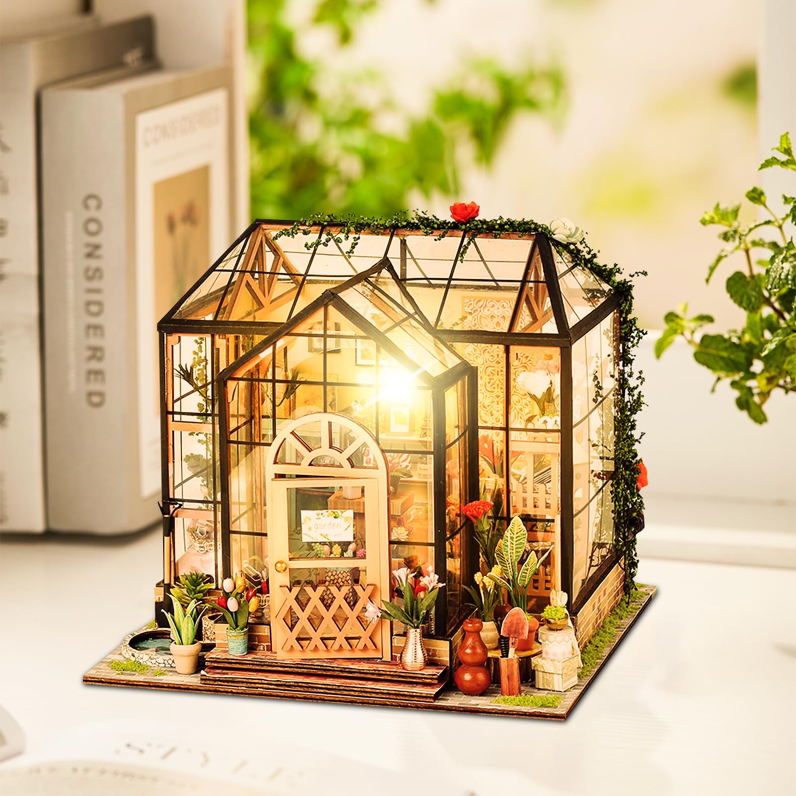DIY Miniature Dollhouse Kit, Mini 3D Doll House Kit with Furniture and LED Light, 1:24 Scale Creative Flower House, Bookshelf Decor, Wooden Greenhouse Craft Kit for Adults, Gift for Birthday Valentine