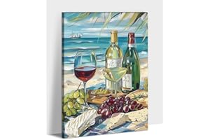 Kitchen Wall Art Canvas Prints Wine Picture Grapes and Red Wine on Beach Painting Still Life Fruit Posters Artwork for Dining