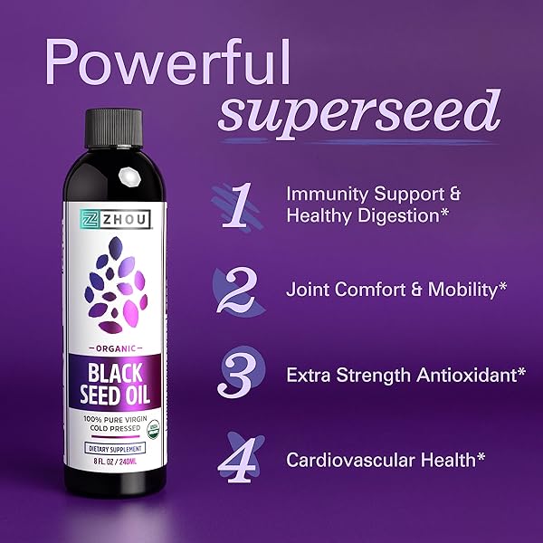 ZHOU ORGANIC BLACK SEED OIL – BLACK CUMIN SEED OIL COLD PRESSED, NIGELLA SATIVA, PURE UNREFINED BLACKSEED LIQUID, PREMIUM SUPPLEMENT FOR HEALTH WITH THYMOQUINONE, OMEGA 3 6 9 – 8 FL OZ (PACK OF 1)