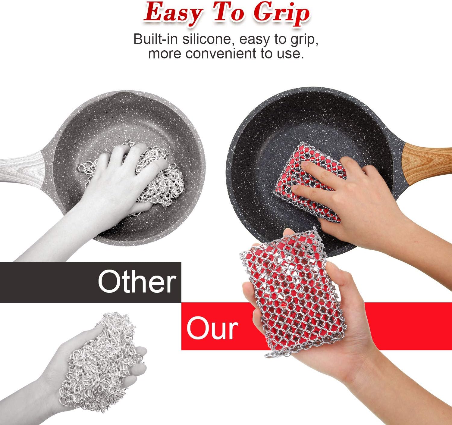 2 Pieces Chainmail Scrubbers Skillet Cast Iron Cleaner Stainless Steel Scrubbers with Silicone for Kitchen Cookware BBQ Tools Green and Red: Health & Personal Care