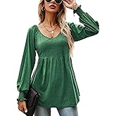 LOMON Womens Casual Fall Puff Long Sleeve Tunic Tops V Neck Flowy Babydoll Peplum Top Blouse T-Shirt 2025 Fashion S-3XL