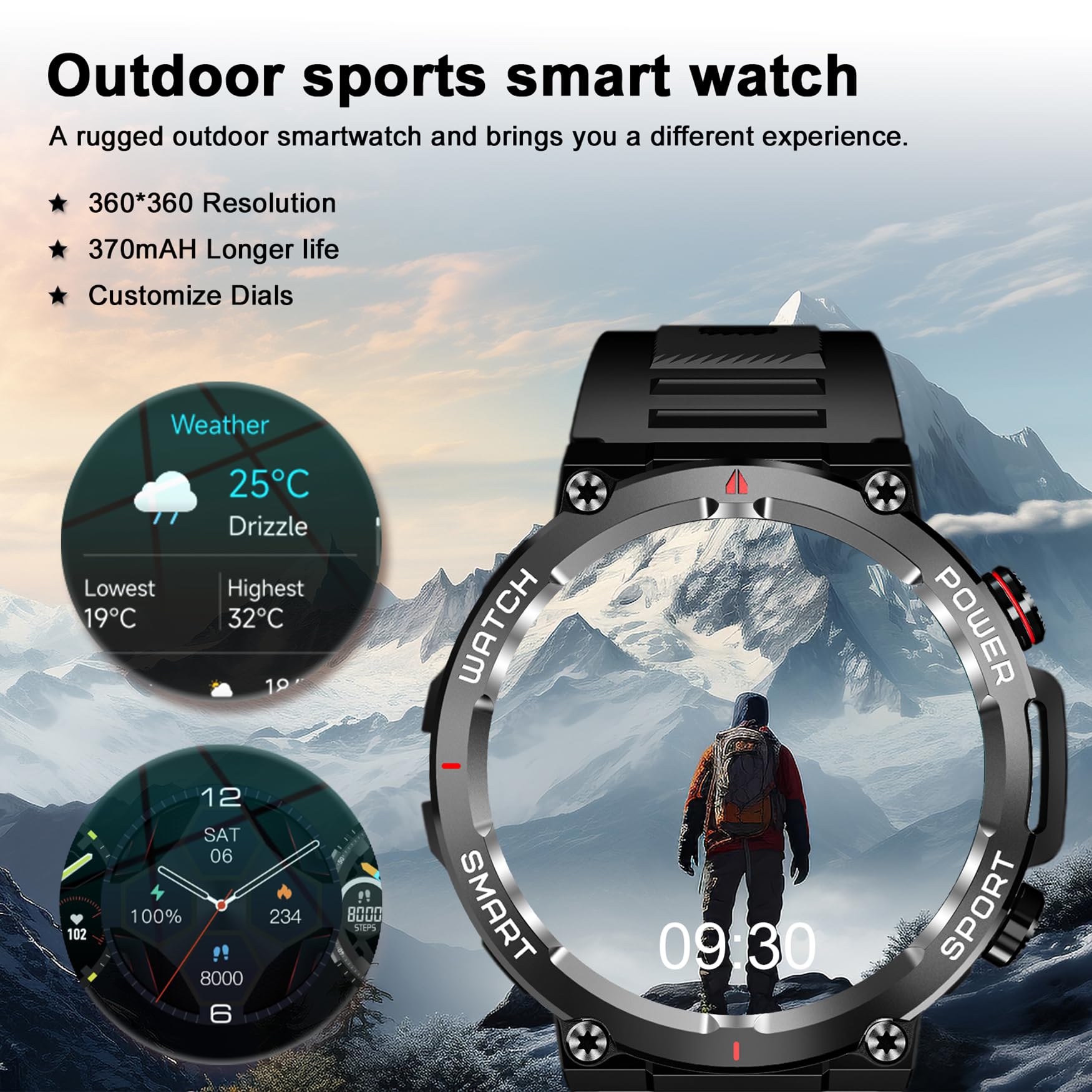 Blackview Military Smart Watch for Men, 100 Days Battery/Flashlight/Compass/120+ Sports/Bluetooth Calls, Outdoor Fitness Tracker with Heart Rate SpO2 Sleep, IP68 Waterproof Smartwatch for iOS Android