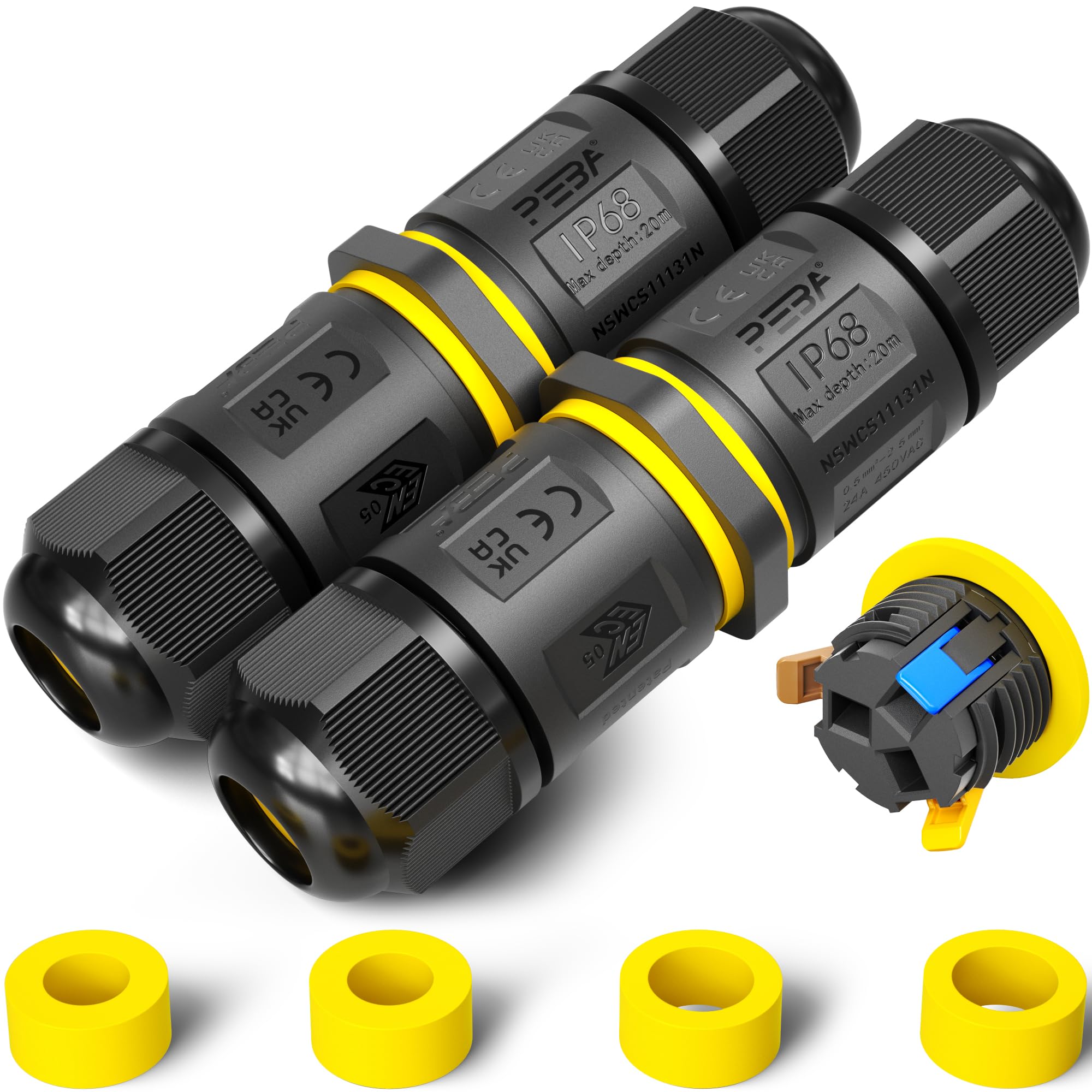 PEBA IP68 Waterproof Cable Connector Outdoor, 2 Way Waterproof Junction Box Outdoor Cable Connector, 3 Pins Wire Connector, Extension Electrical Cable Protector for Cable Diameter Ø4mm-12mm (2 Pack)