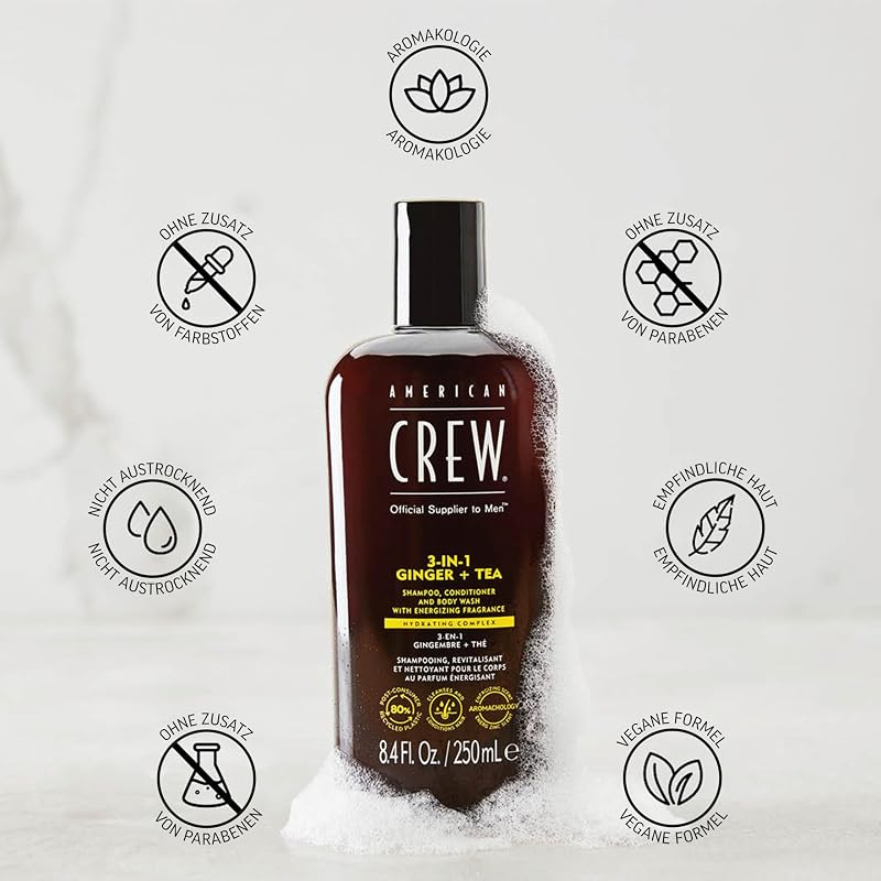– 3-in-1 Ginger & Tea Shampoo, Conditioner & Body Wash, 250ml, Pflegeshampoo und Duschgel für Männer, Produkt für die tägliche Reinigung von Körper und Haar