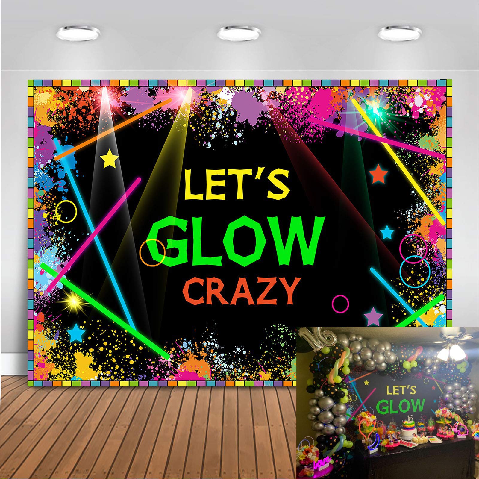 Avezano Let's Glow Crazy Neon Photography Backdrops Glow Splatter Photo Background for Hip Hop Birthday Glowing Music Prom Party Decoration Studio Props Banner (7x5ft)