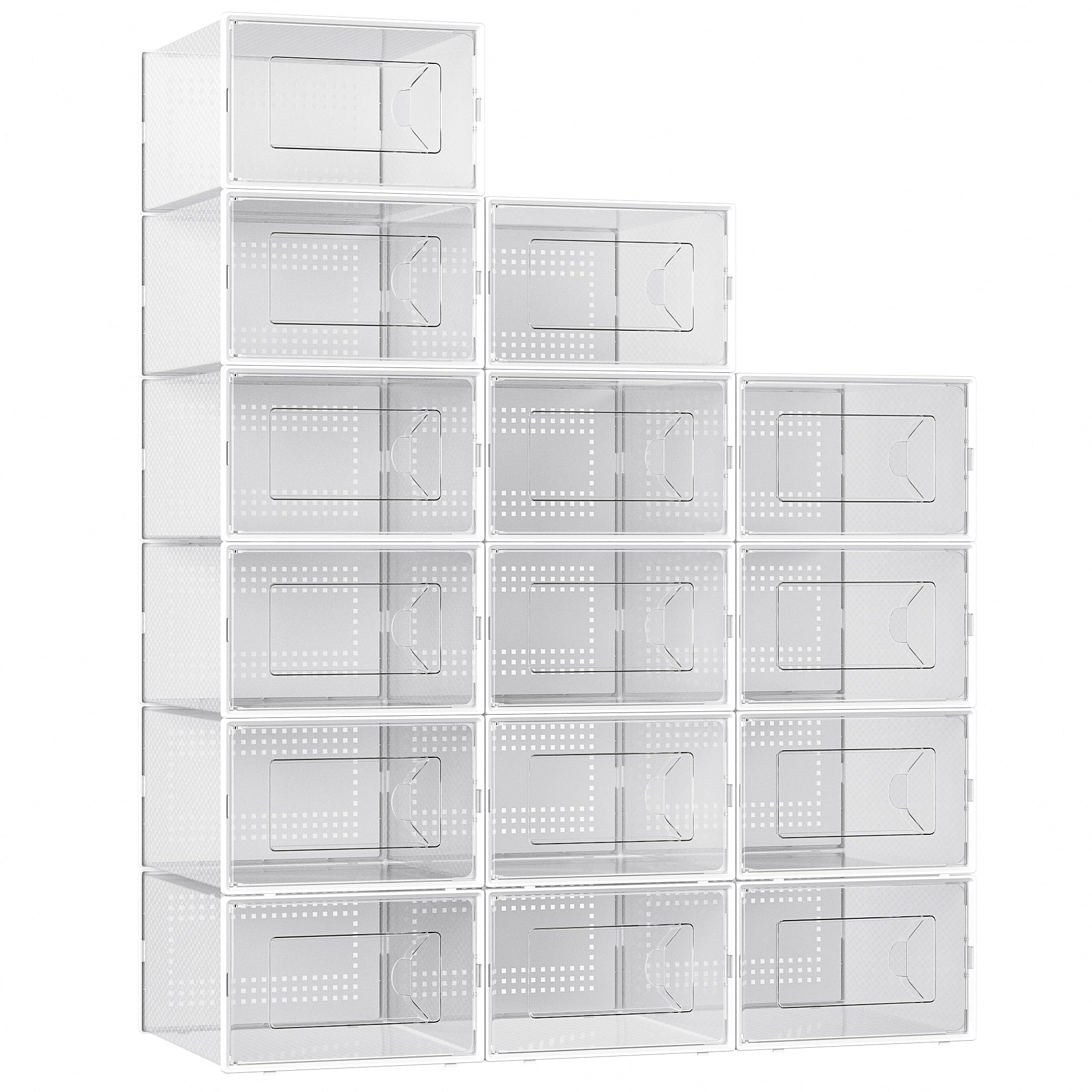 Foluck X-Large Shoe Storage Box, 15 Pack Clear Plastic Stackable Shoe Organizer for Closet, Interlocking Design Shoe Container Bins for Sneakers, Foldable Shoe Rack with Lids, White